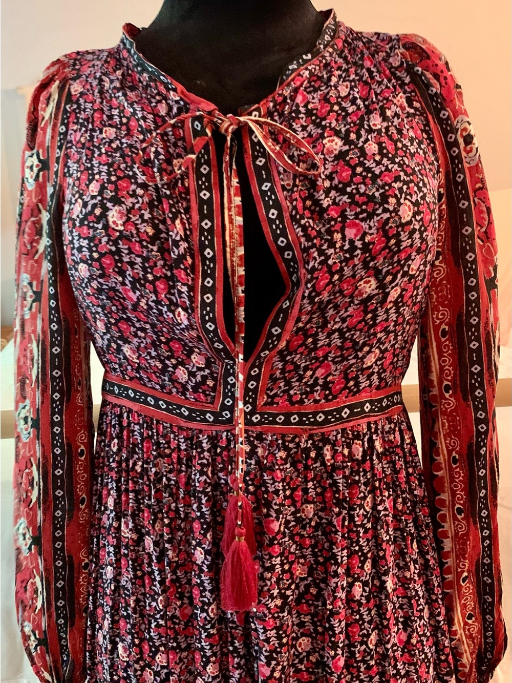 Free People Red and Black “Gored” Floral Maxi Dress with Tassel Tie